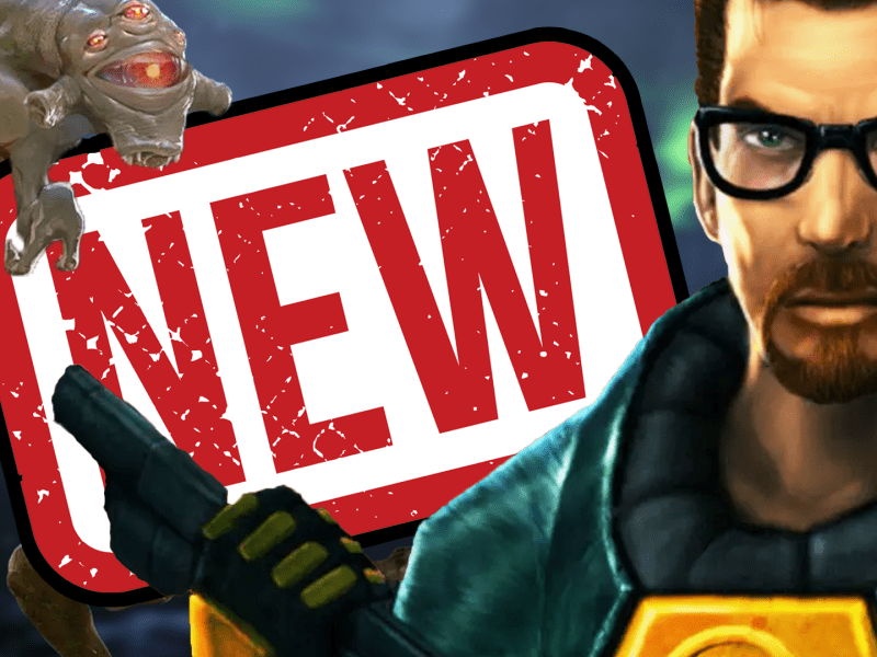 Eine Bildmontage, in deren Zentrum drei Bildbestandteile stehen: Gordon Freeman und ein Vortigaunt-Alien aus Half-Life 2 - und ein großer 