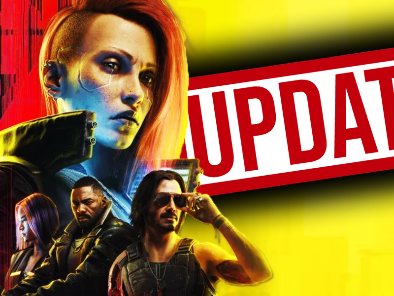 Eine Bildmontage, die einen bunten Strauß Charaktere aus Cyberpunk 2077 zeigt - daneben: Ein roter Update-Button.