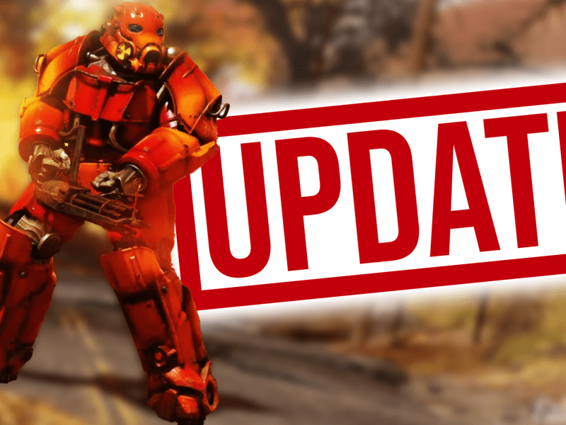 Eine Bildmontage, die ein Mitglied der Stählernen Bruderschaft aus Fallout 76 im Power-Anzug zeigt. Daneben: Ein Update-Button.