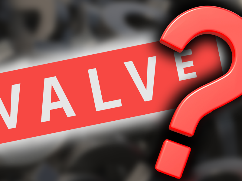Eine Bildmontage, die ein großes rotes Fragezeichen zeigt, sowie den Schriftzug des Entwicklungsstudios Valve.