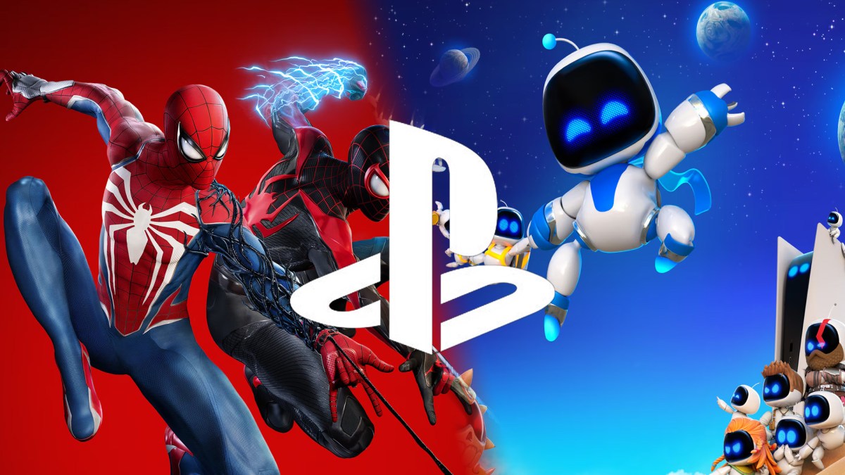 Screenshot-Collage aus Marvel's Spider-Man 2 und Astro Bot. In der Mitte ist das Logo der PlayStation zu sehen.