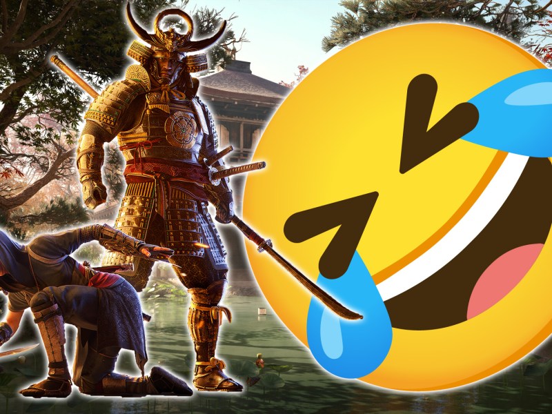Ein Screenshot aus Assassin's Creed Shadows zusammen mit Naoe und Yasuke und einem lachenden Emoji.