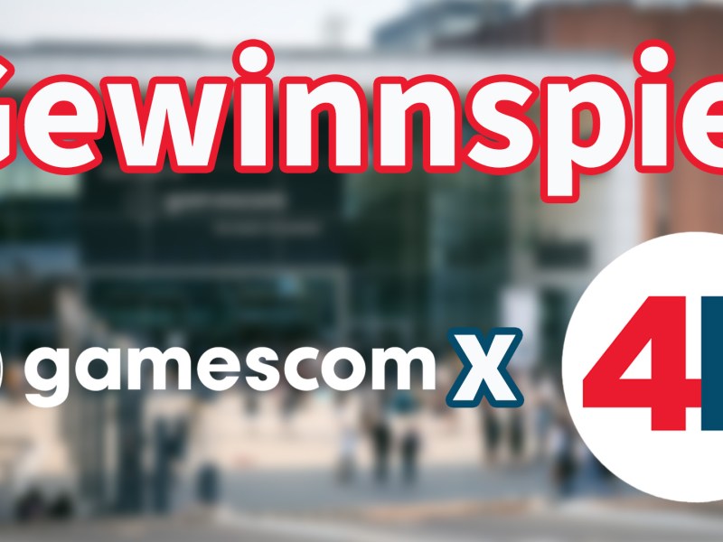 Gewinnspiel, das 4P-Logo und das gamescom-Logo.